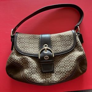 Brown Coach signature suede leather trim handbag hobo purse